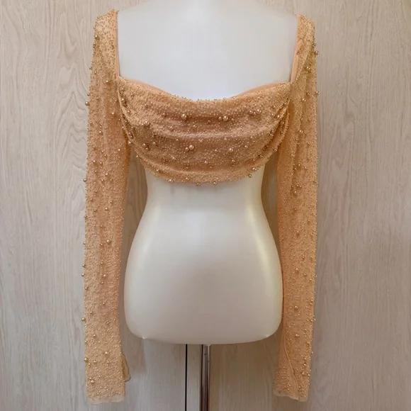 NWOT Oh Polly Champagne embellished Beaded Long Sleeve Crop Top size 2 - Picture 6 of 13